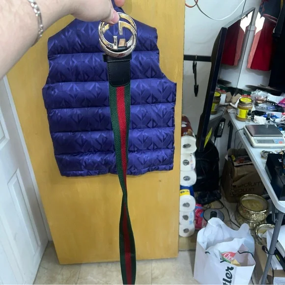 Gucci Green and Red Web Belt with Silver Buckle